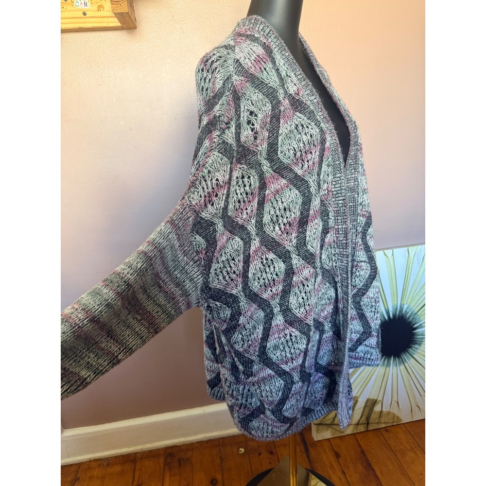 Soft Surroundings One Size Gray Purple Diamond Knit Cardigan Wool Open Front Top - Picture 5 of 7
